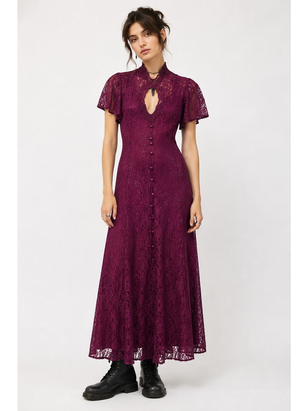 Vintage 90s Dawn Joy Fashions Plum Lace Mock Neck Keyhole Maxi Dress 14 Coquette